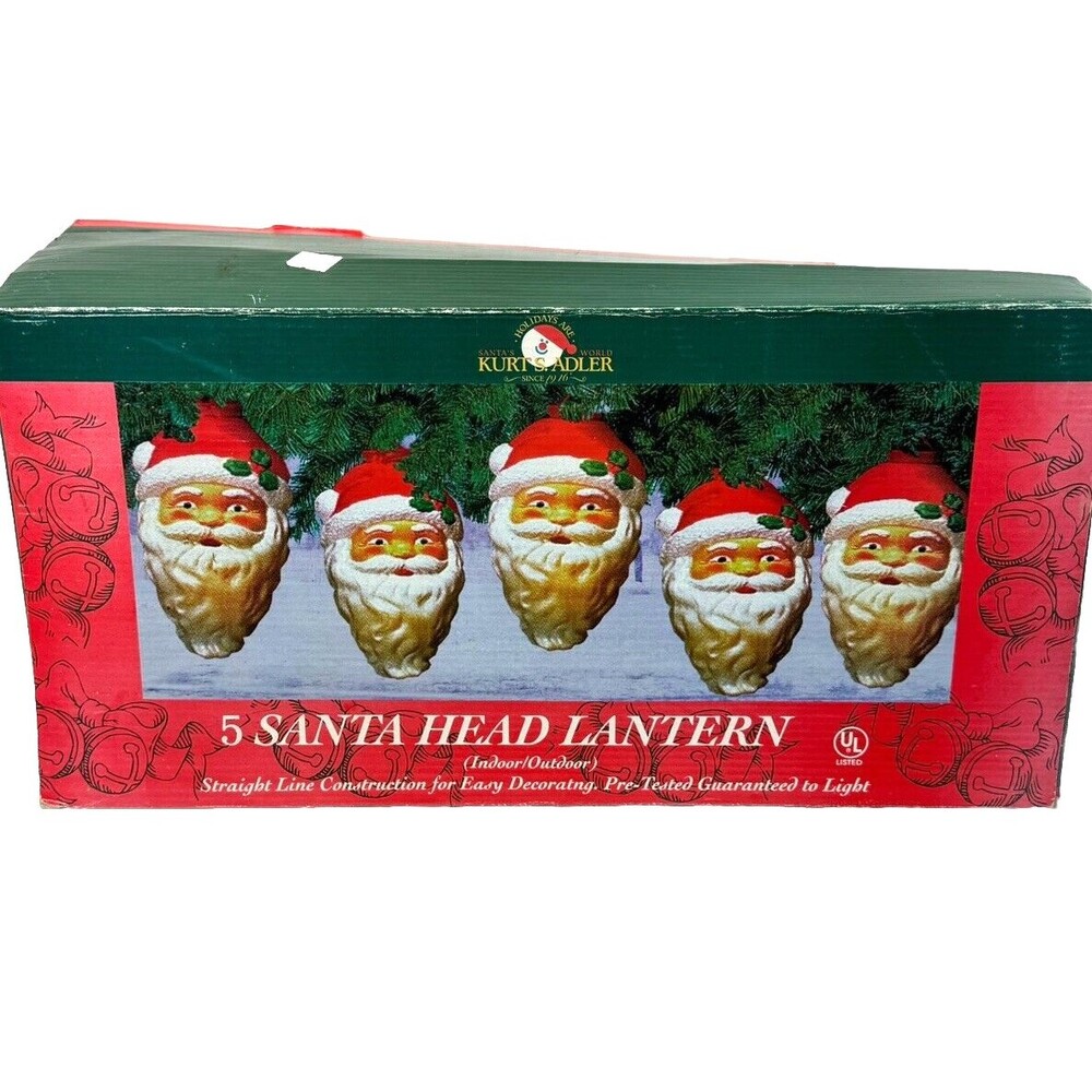 Vintage Kurt Adler 5 Santa Head Lantern String Lights Christmas Blow Mold NIB